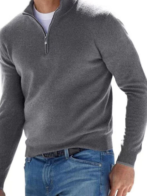 Long Sleeve V Neck Wool Fleece Zipper Men's Casual Top Polo Shirt Grey