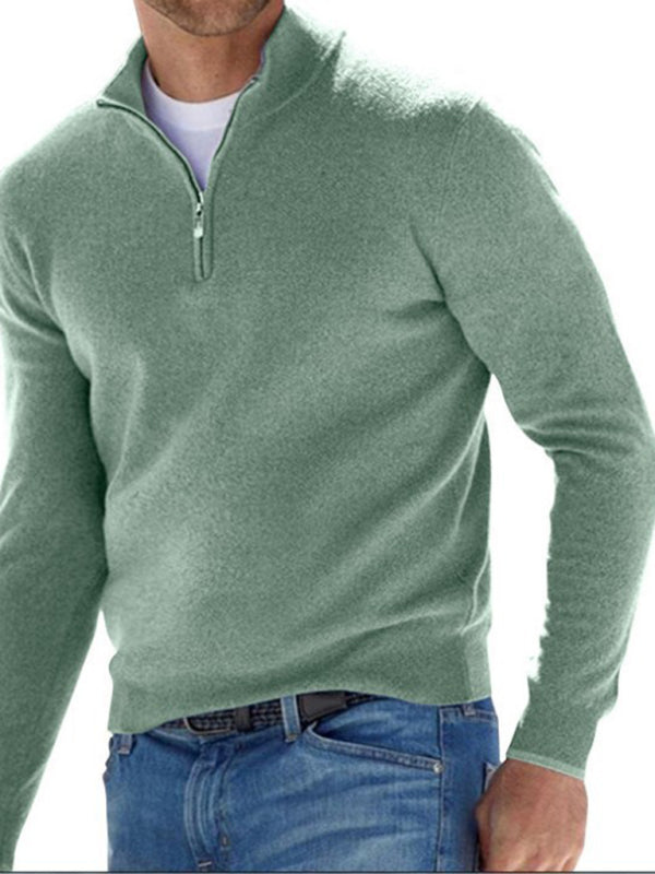 Long Sleeve V Neck Wool Fleece Zipper Men's Casual Top Polo Shirt Pale green