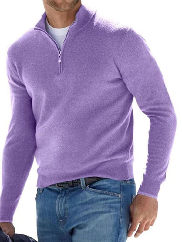 Long Sleeve V Neck Wool Fleece Zipper Men's Casual Top Polo Shirt Lavender