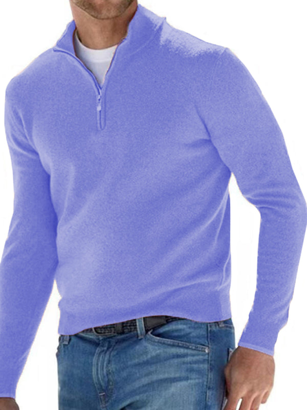 Long Sleeve V Neck Wool Fleece Zipper Men's Casual Top Polo Shirt Purple