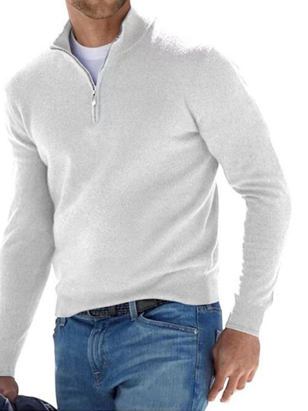 Long Sleeve V Neck Wool Fleece Zipper Men's Casual Top Polo Shirt White