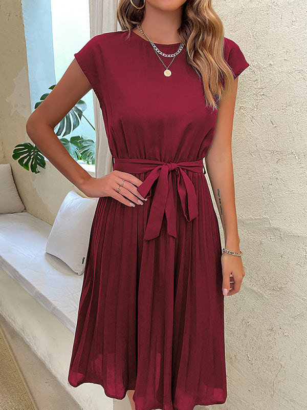 Women's Woven Round Neck Elegant Pleated Dress Wine Red